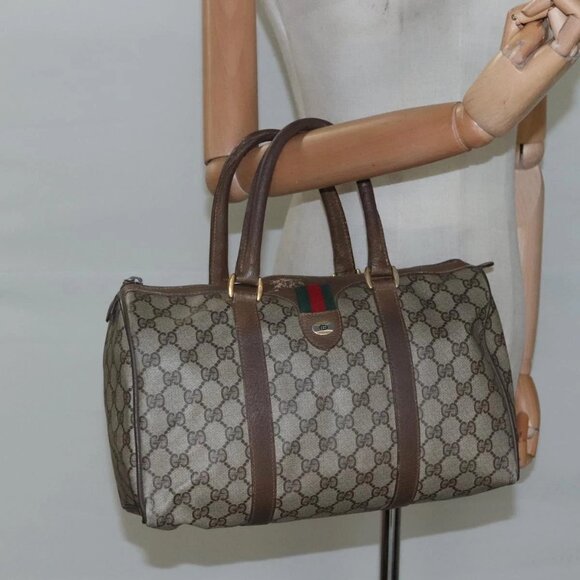 GUCCI GG Supreme Web Sherry Line Boston Bag PVC Beige Green Red Auth - Picture 1 of 16